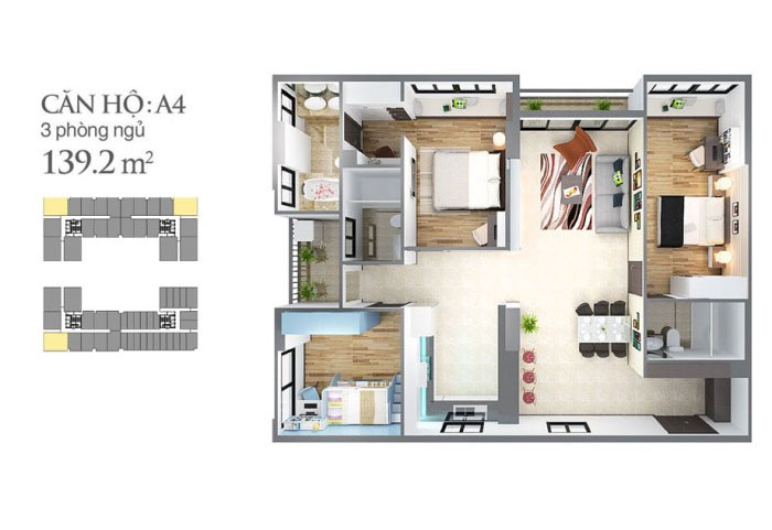 mẫu căn hộ sky center 96,48 m2